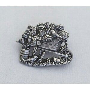 Silver flower wheelbarrow vintage brooch made by Birds & Blooms (C7)
